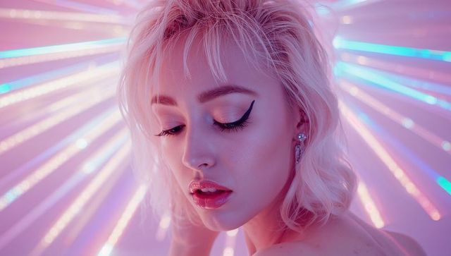 Elegant model with neon lit backdrop expressing modern glamour