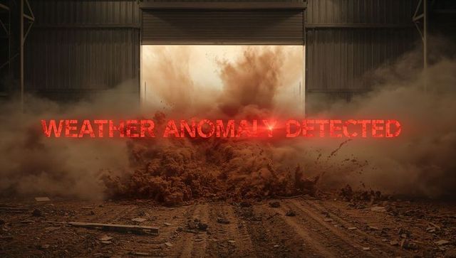Dramatic dust plume with glowing weather anomaly detected warning in industrial hangar