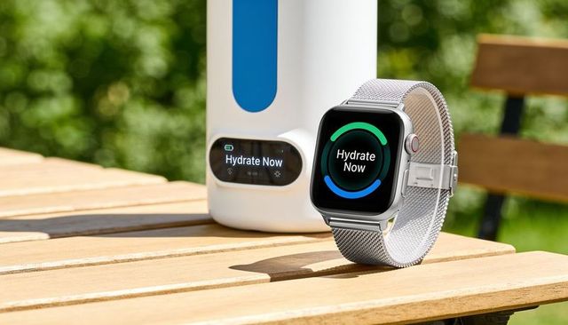Steel smartwatch displaying hydrate now reminder next to white water bottle on patio table