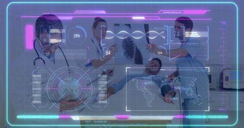 Doctors Analyzing Holographic Medical Display in Modern Clinic