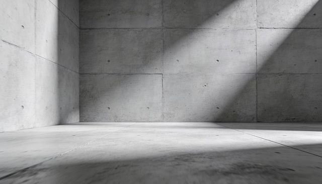 Minimalist Industrial Concrete Corner with Diagonal Sunlight Rays and Empty Floor