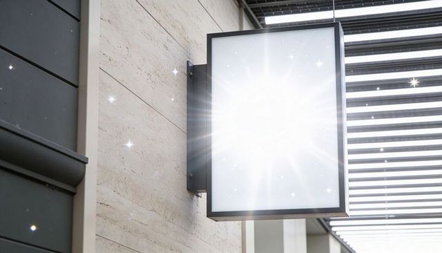 Glowing storefront lightbox emitting bright glare on urban stone facade under metal canopy