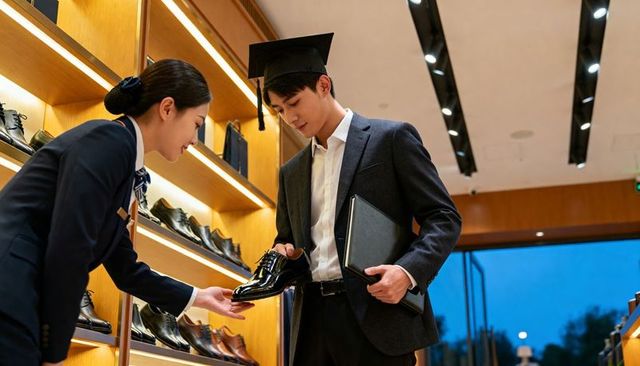 Young graduate shopping polished dress shoes in upscale boutique with sales assistant