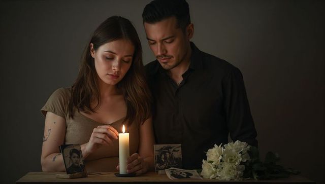 Intimate couple lighting memorial candle with vintage portraits and white funeral flowers
