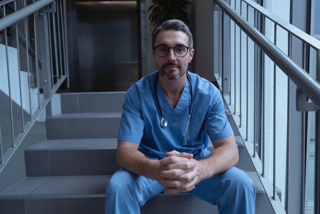 Mature male surgeon looking at camera while sitting on stairs at hospital - Download Free Stock Photos Pikwizard.com