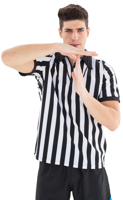 Transparent stern male referee showing time out gesture in black and white striped shirt - Download Free Stock Videos Pikwizard.com