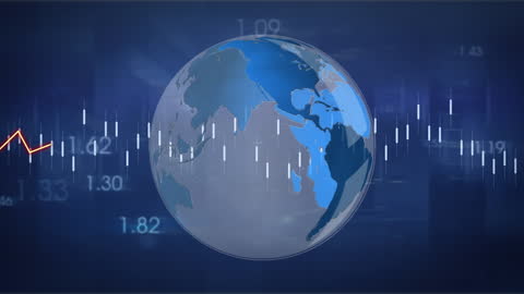 Rotating Globe with Digital Data Overlay on Blue Background