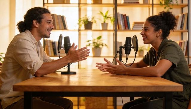 Recording intimate home podcast duo discussing ideas with professional mics and warm decor