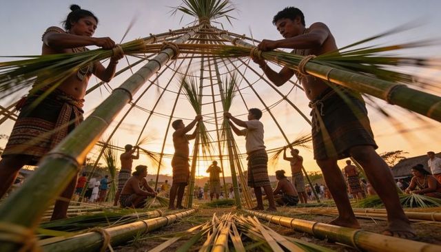 Building bamboo cone pavilion at sunset with community weaving palm fronds