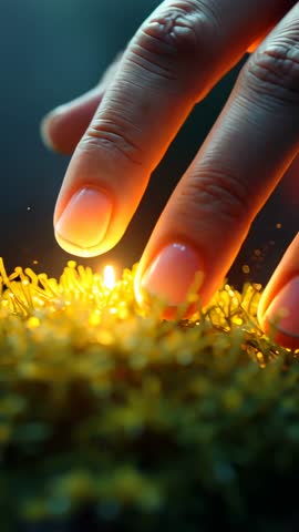 Lowering Fingers Pressing Glowing Moss Producing Pulsing Golden Motes