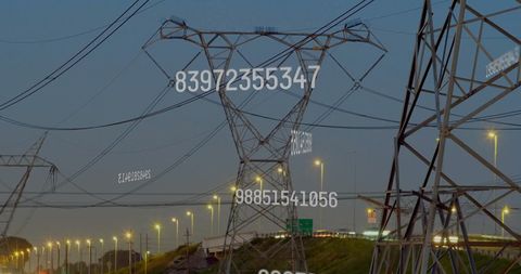 Digital Data Flow Over Electrical Pylons at Dusk - Download Free Stock Images Pikwizard.com