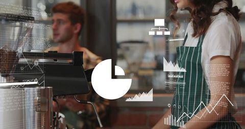 Barista Operating Cafe Espresso Machine with Analytics Overlay Visualization