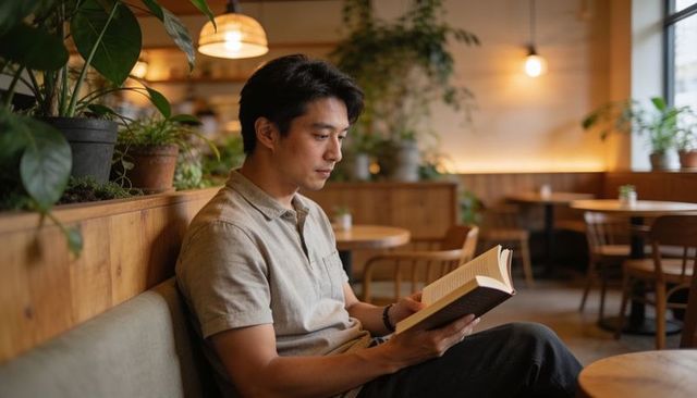 Asian man reading paperback in cozy wood coffeehouse surrounded by lush plants