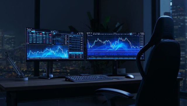 Trading workstation with dual monitors displaying stock charts at night