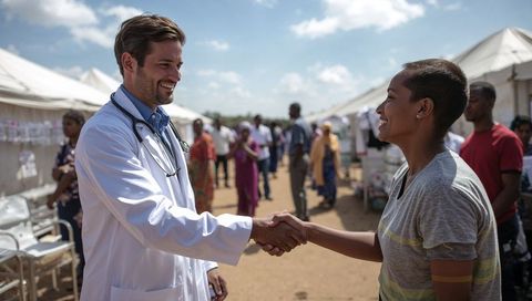 Doctor greeting patient at outdoor medical camp in sunny environment