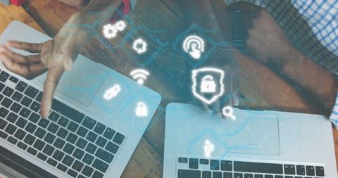 Collaborative Work on Cybersecurity Strategy with Digital Icons - Download Free Stock Images Pikwizard.com