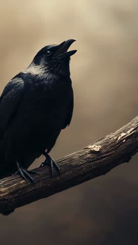Calling Crow Perched on Branch Vertical Wildlife Clip Showing Open Beak and Head Tilt