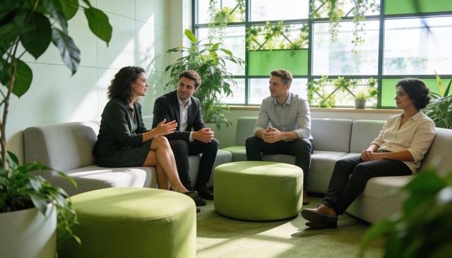 Business team discussing in biophilic lounge with sunlight, plants and collaboration