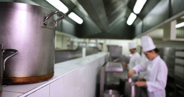 Chefs in white uniforms are preparing food in a professional kitchen. The image shows a large stainless steel pot and a modern commercial kitchen with bright lighting and a clean environment. Ideal for articles on culinary arts, restaurant management, and commercial kitchen standards.