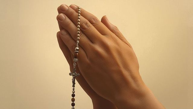 Devoted hands holding rosary in prayer pose with minimalist background