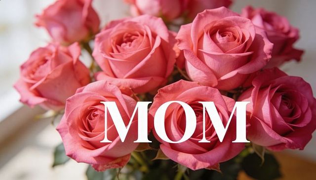 Pink rose bouquet with mom typography on windowsill mother's day greeting