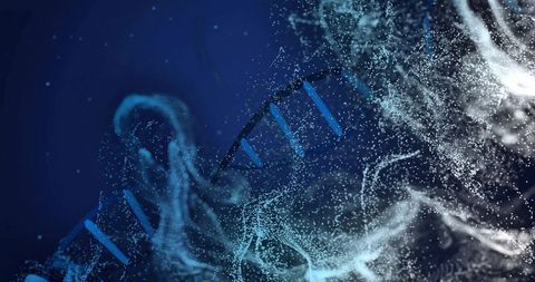 Luminous DNA Double Helix with Cyan Particle Clouds for Genomics and Biotech Visualization