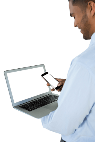Transparent Image of Businessman Using Mobile and Laptop Simultaneously - Download Free Stock Videos Pikwizard.com