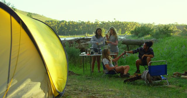 Friends Enjoying Campfire by Forest Lake at Sunset - Download Free Stock Images Pikwizard.com