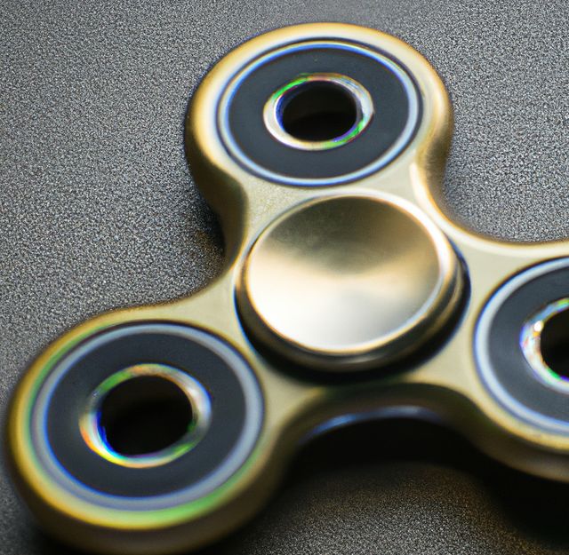 Image of close up of gold metallic fidget spinner on black background. Playing object and toy concept.