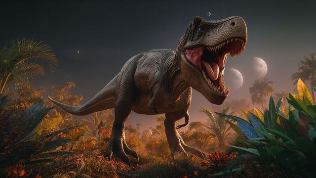 Roaring tyrannosaurus rex under twin moons in mystical jungle