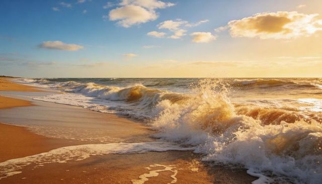 Sunlit waves crashing onto reflective wet sand at golden hour on tranquil sandy coastline