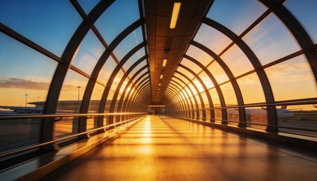 Sunlit arched airport walkway at sunrise with golden reflections and dramatic depth