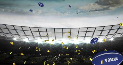 Rugby Balls and Confetti Falling in Stadium with Samoa Theme