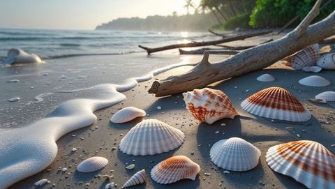 Tranquility of seashells and driftwood on bay of bengal sandy beach at sunrise