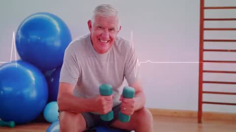 Senior man performing strength exercises on stability ball with dumbbells and ECG overlay