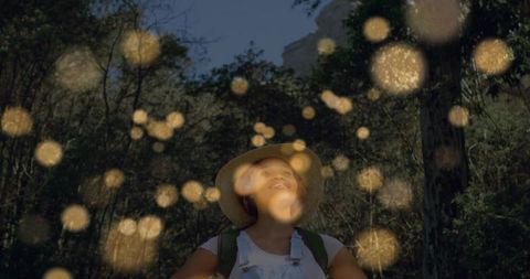 Hiker Experiencing Golden Orbs in Serene Forest Journey