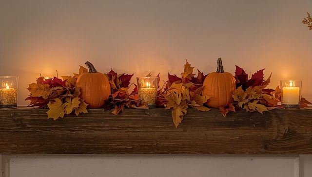Cozy Autumn Mantel with Pumpkins and Leaf Garland