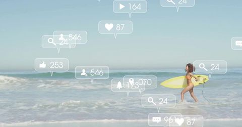 Young Woman Surfing at Beach with Social Media Icons Overlay