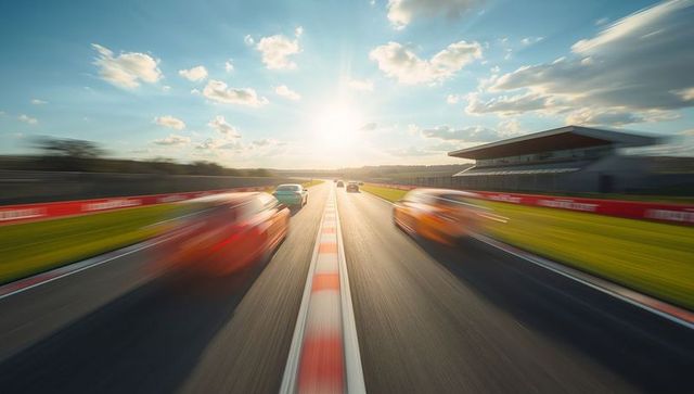 Sports cars racing on track at sunset showing speed and adrenaline