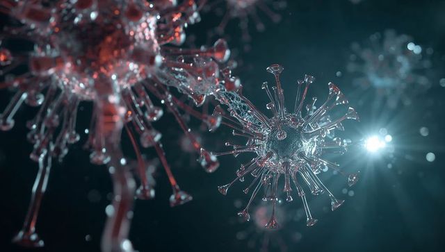 Floating glassy virus particle with droplet-tipped spikes glowing in teal and red light