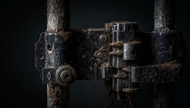 Rusty Industrial Latch with Corroded Metal Bars Against Dark Background
