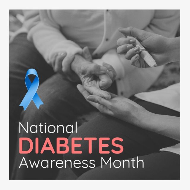 Square image of national diabetes awareness month text with blue ribbon symbol. Healthcare and medicine, national diabetes awareness month campaign.