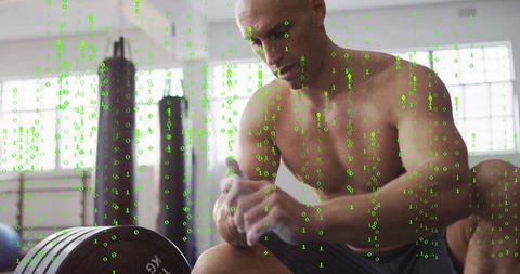 Muscular Man Preparing for Deadlift with Digital Overlay Motivation