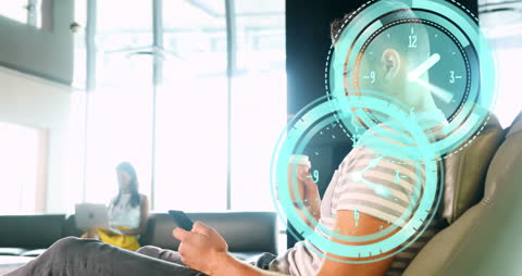 Businessman Using Smartphone with Digital Clock Overlay