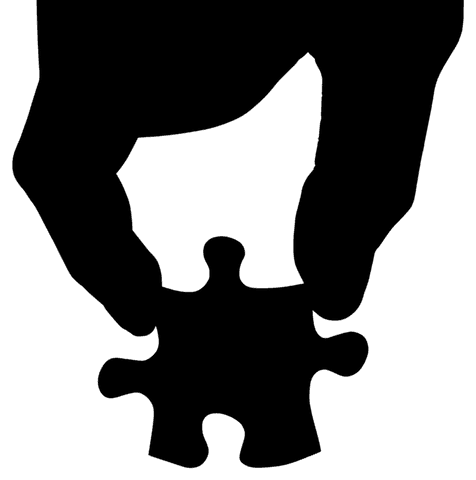 Silhouette of hand holding puzzle piece on transparent background