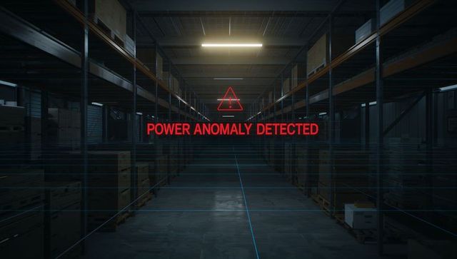 Displaying holographic red power anomaly warning hovering over dark warehouse aisle