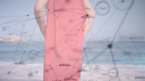 Senior Man Ocean View Intertwined with Digital Network Graphics