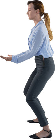Transparent young businesswoman pretending to hold object