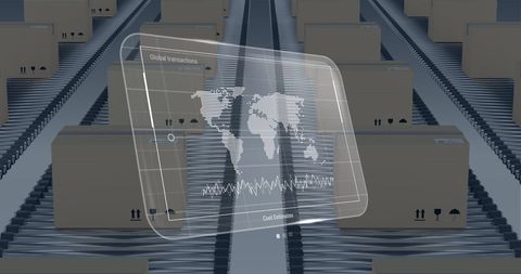 Digital Interface Showing Data Processing in Global Shipping Warehouse