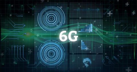 6G Telecommunication Concept Floating HUD with Green Waveform Concentric Radar Data Grid